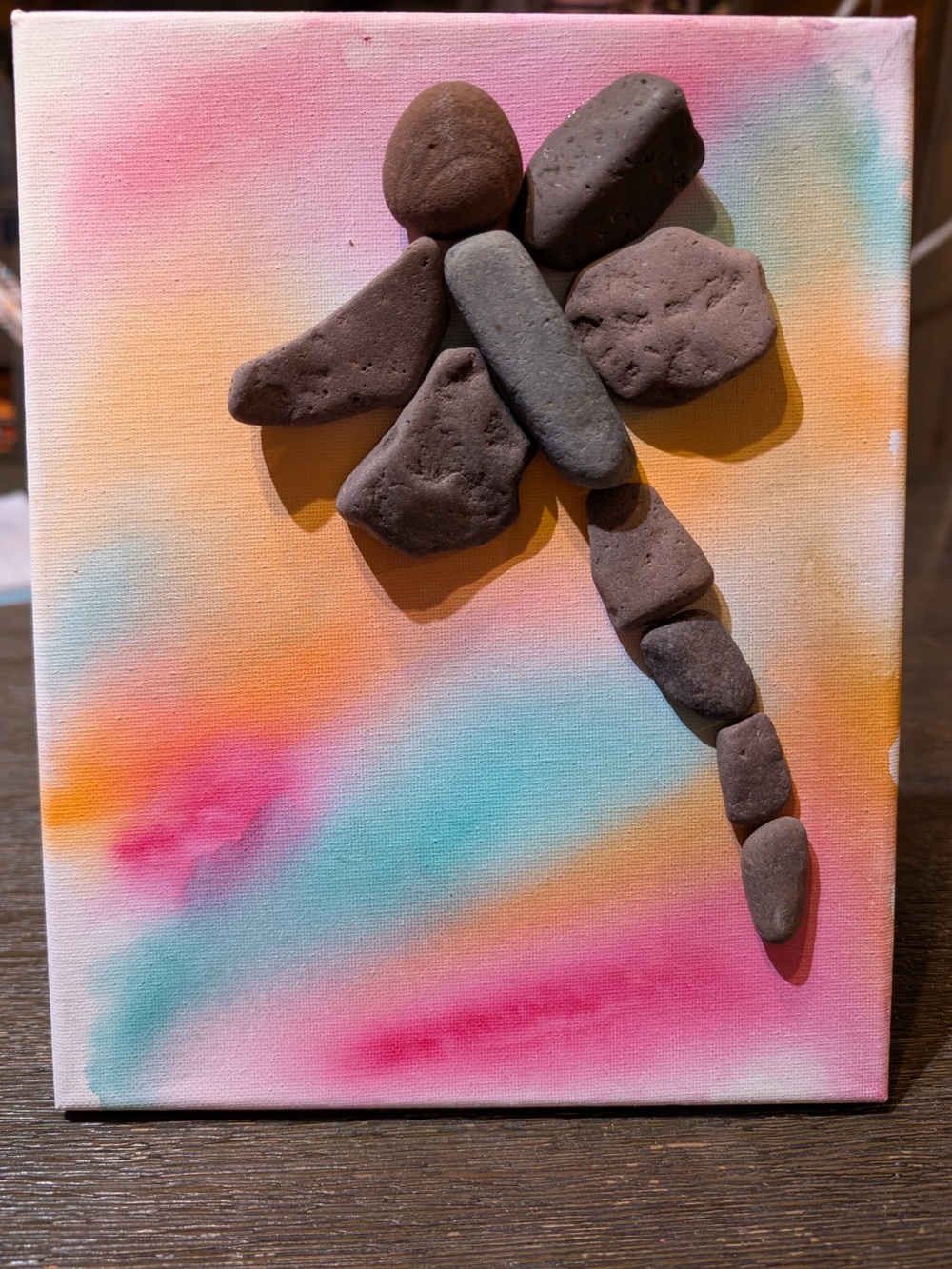 Handmade Lake Superior rock Art on Pink and Teal painted Canvas